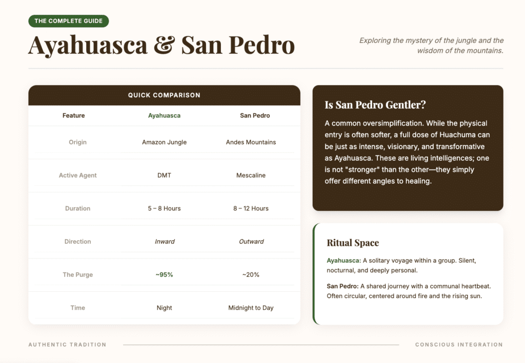 Infographic comparing Ayahuasca and San Pedro (Huachuma) — including origin, active agent, duration, direction, purge percentage, and ceremony time, with notes on intensity and ritual space