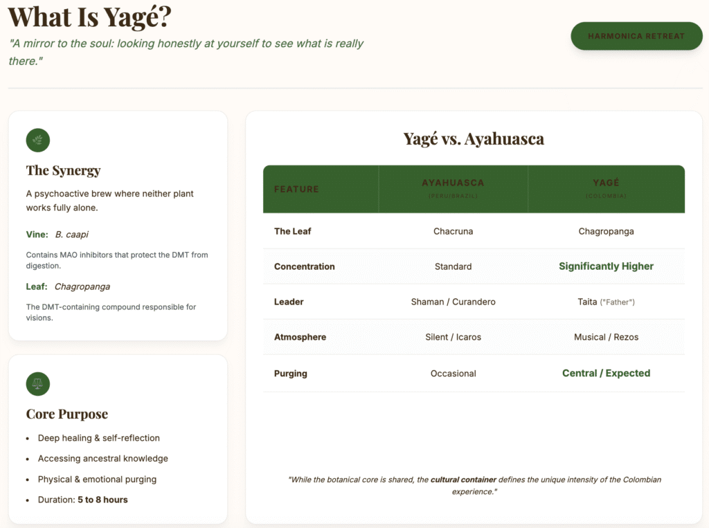 Infographic comparing yagé and ayahuasca — origins, plants, ceremony style, brew concentration and cultural traditions
