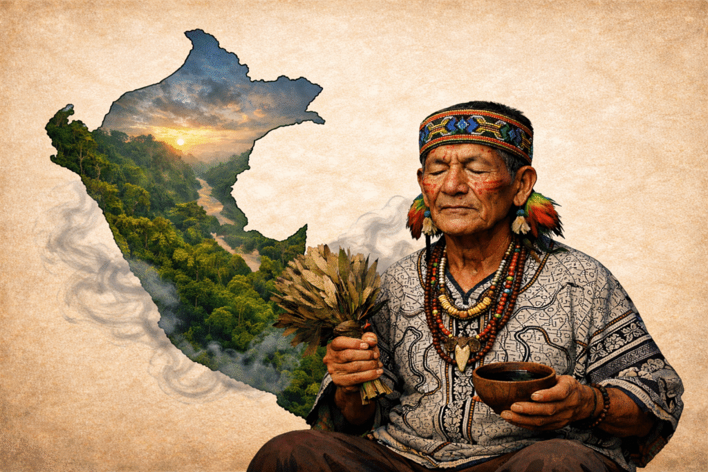Shipibo shaman leading ayahuasca ceremony in Peru
