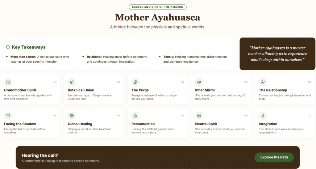 Infographic explaining the secrets of mother ayahuasca