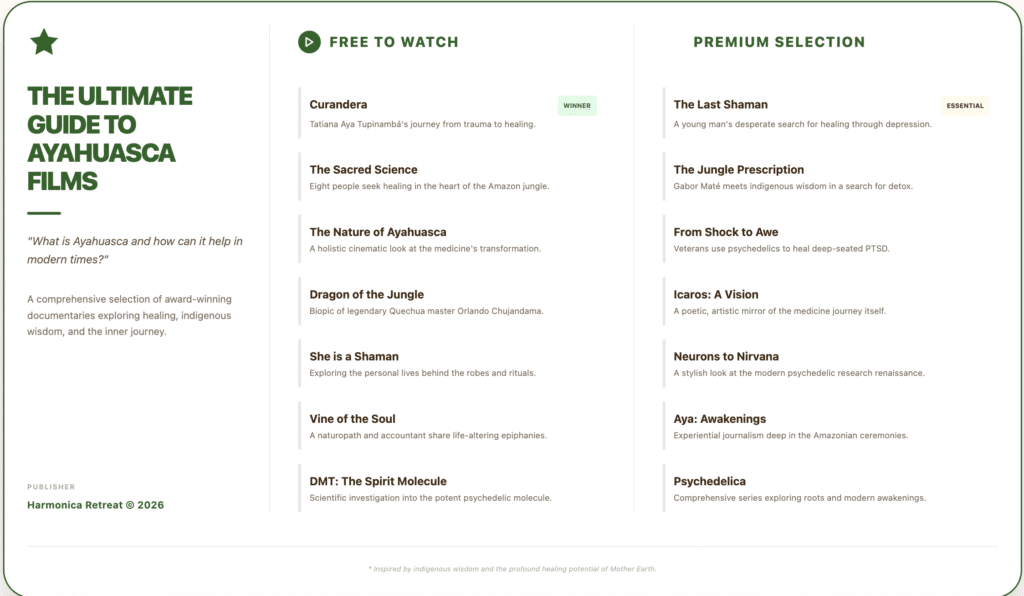 infographic on the different ayahuasca documentaries, fee and paid versions
