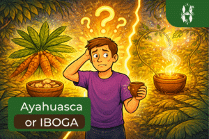 Iboga root bark and ayahuasca brew side by side, representing two plant medicine traditions from Africa and South America