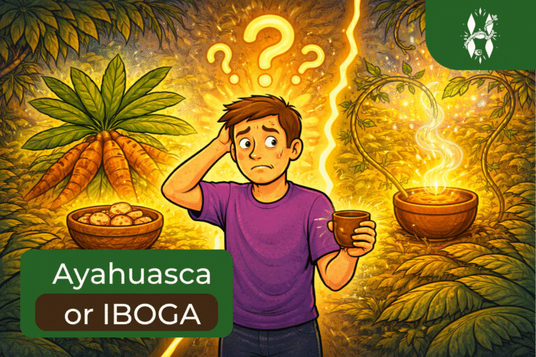 Iboga root bark and ayahuasca brew side by side, representing two plant medicine traditions from Africa and South America
