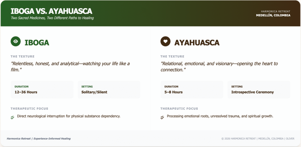 Infographic comparing iboga and ayahuasca across duration, experience, therapeutic uses, and safety