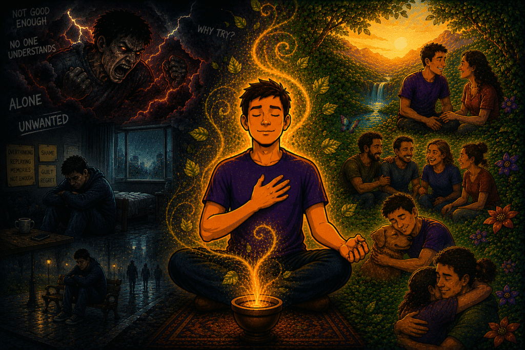 Man moving from emotional abuse, shame and isolation into connection, warmth and belonging through ayahuasca healing"