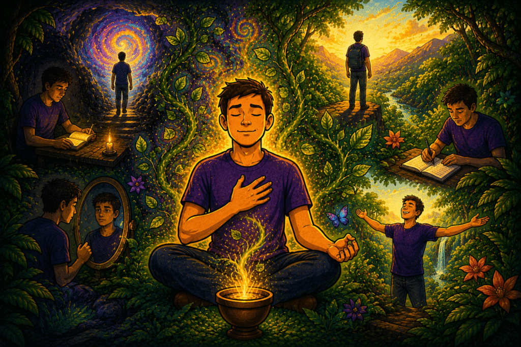 Man gaining self-awareness, clarity and purpose through ayahuasca — journaling, self-reflection, and stepping into a new path in nature