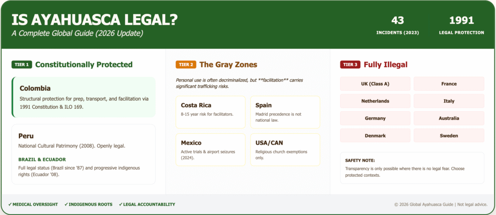 Infographic showing ayahuasca legal status by country in three tiers: constitutionally protected (Colombia, Peru, Brazil, Ecuador), gray zones (Costa Rica, Spain, Mexico, USA/Canada), and fully illegal (UK, France, Netherlands, Italy, Germany, Australia, Denmark, Sweden)