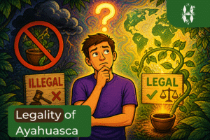 Illustration showing the legal and illegal status of ayahuasca around the world, with jungle plants, a question mark, and two signs reading legal and illegal