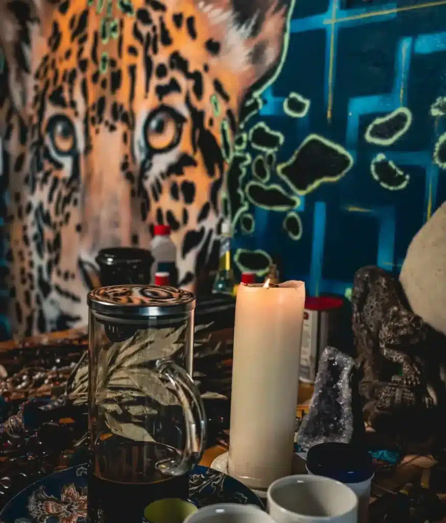 harmonica retreat altar with the Ayahuasca, the cups, a lit candle, ornaments decorating the alter. And artwork in the background of the jungle, featuring the jaguar.