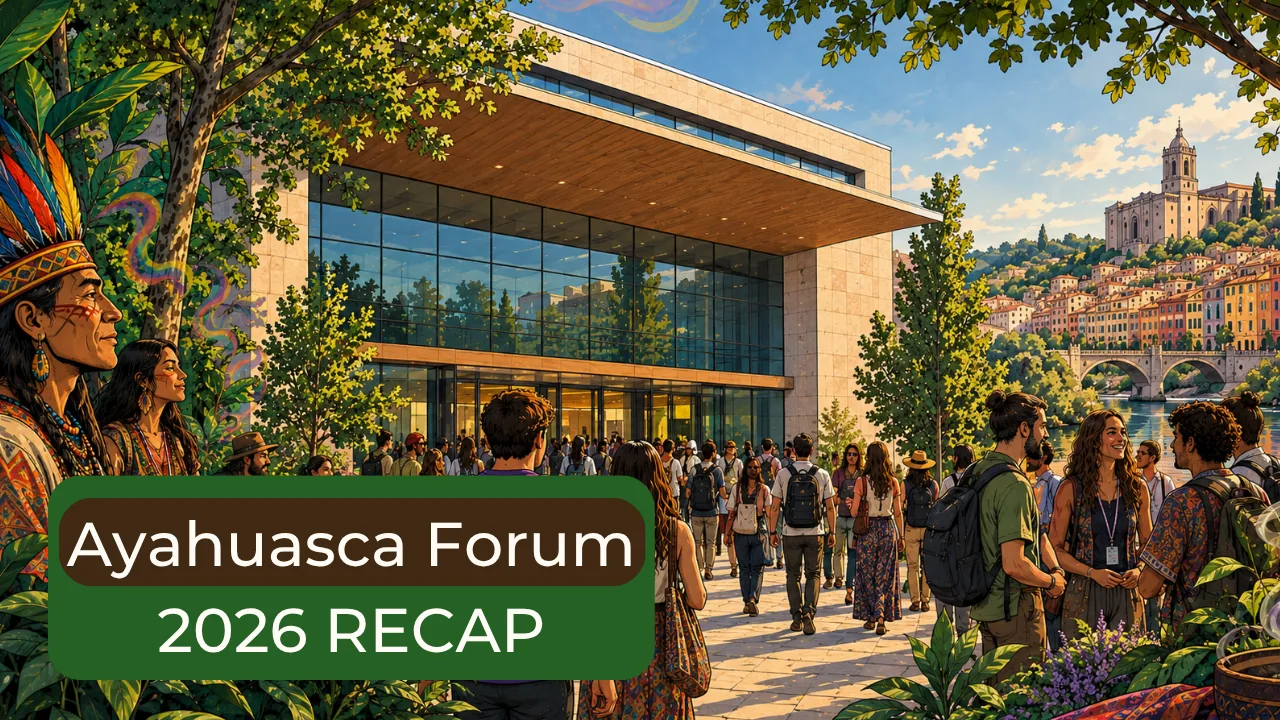 World Ayahuasca Forum 2026 recap: Indigenous leaders and visitors outside the congress centre in Girona