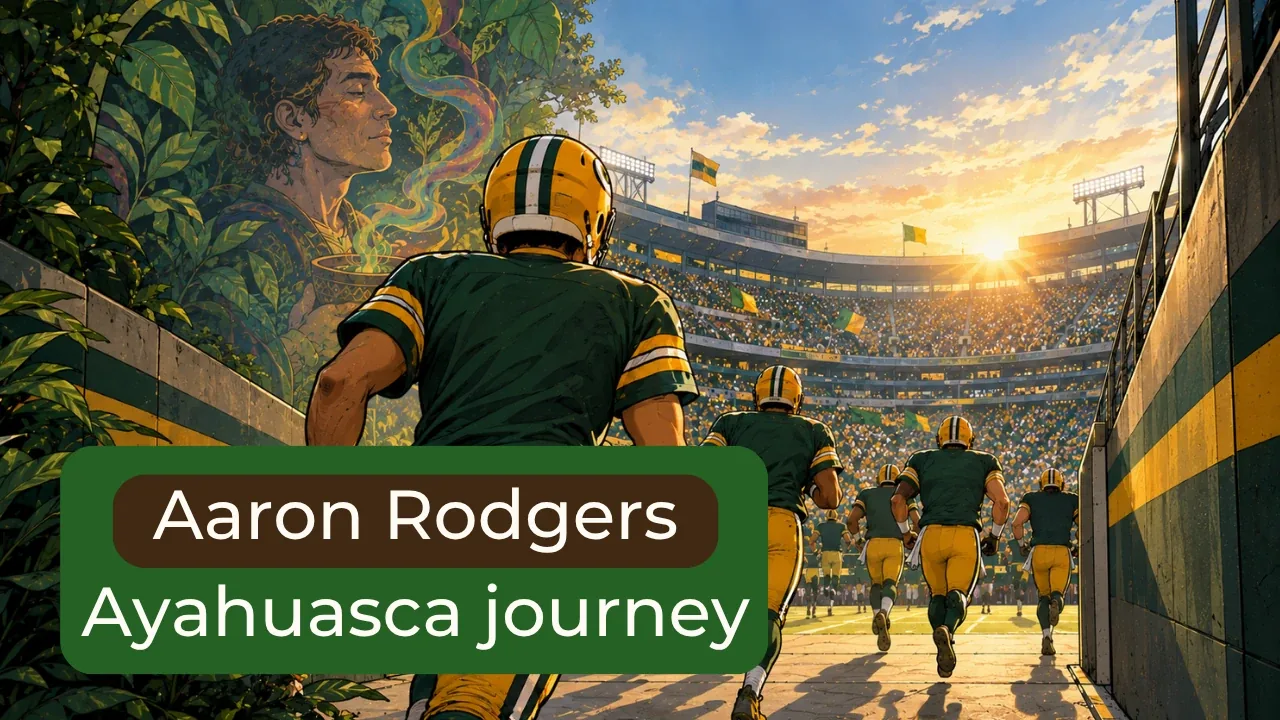 Aaron Rodgers ayahuasca journey: illustration of a quarterback running onto the field past a jungle mural