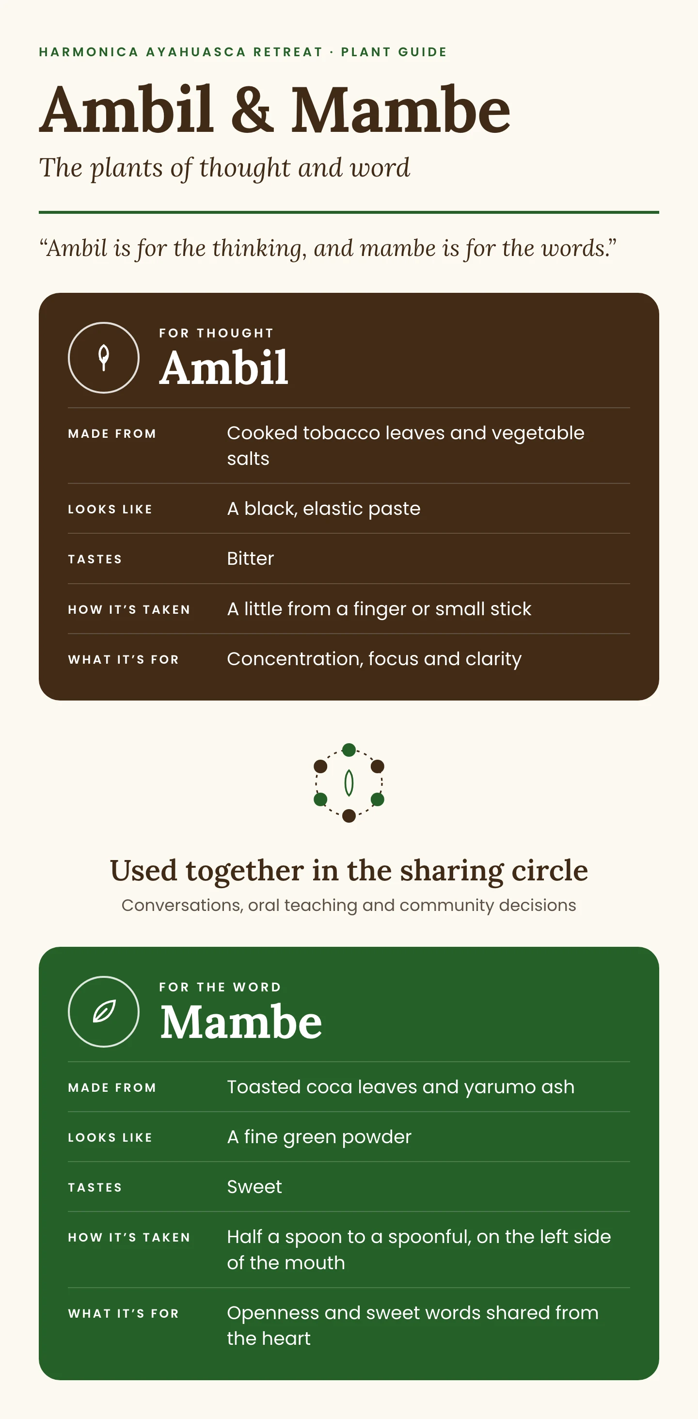 Ambil and mambe infographic. Ambil, for thought: made from cooked tobacco leaves and vegetable salts; a black, elastic paste; tastes bitter; taken a little from a finger or small stick; for concentration, focus and clarity. Mambe, for the word: made from toasted coca leaves and yarumo ash; a fine green powder; tastes sweet; half a spoon to a spoonful on the left side of the mouth; for openness and sweet words shared from the heart. Used together in the sharing circle for conversations, oral teaching and community decisions.