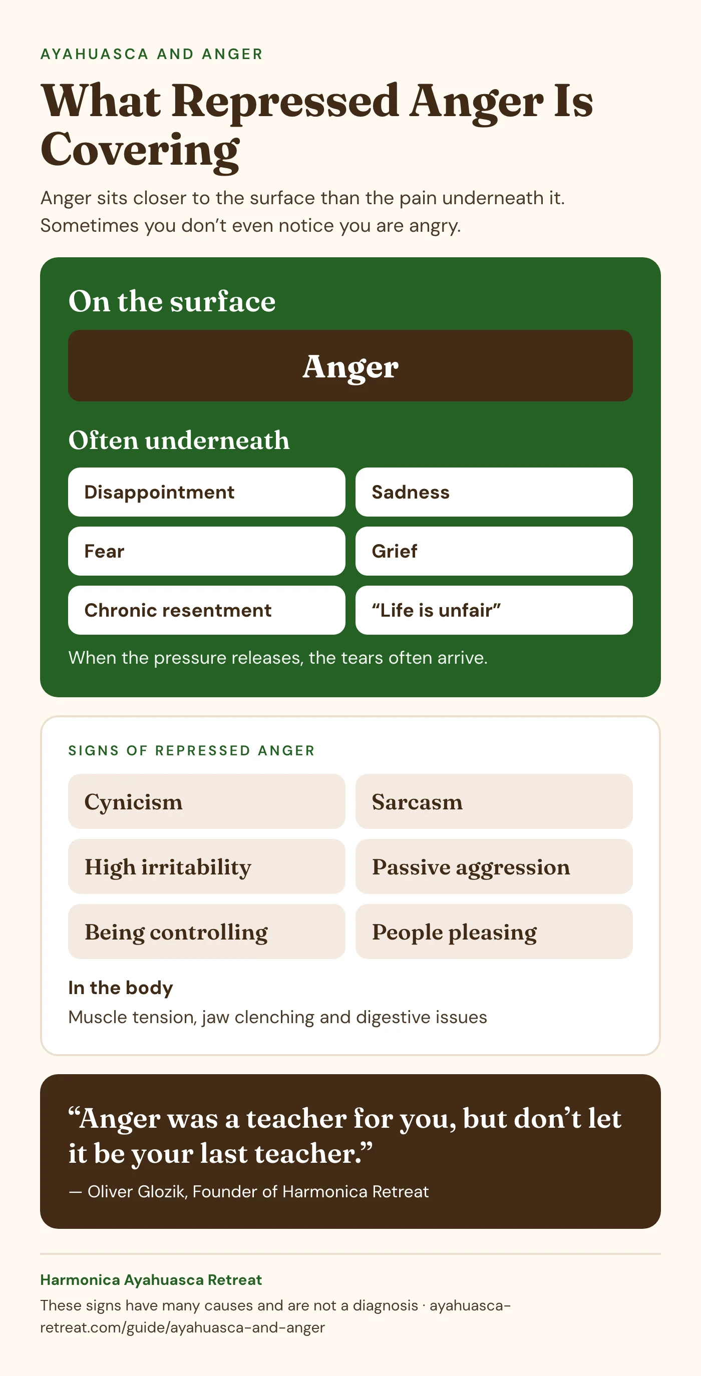 What repressed anger is covering What repressed anger is covering infographic: anger on the surface with disappointment, sadness, fear, grief, chronic resentment and the feeling that life is unfair underneath; signs of repressed anger are cynicism, sarcasm, high irritability, passive aggression, being controlling and people pleasing, with muscle tension, jaw clenching and digestive issues in the body
