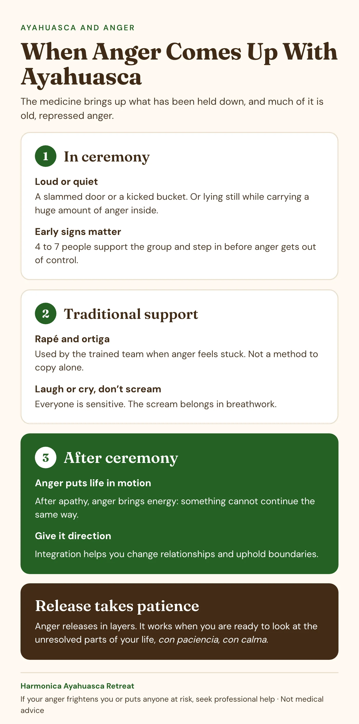 When anger comes up with ayahuasca When anger comes up with ayahuasca infographic: in ceremony anger can be loud or quiet, a slammed door, a kicked bucket or lying still, and 4 to 7 people support the group and step in early; rapé and ortiga are used by the trained team, and people laugh or cry but do not scream; after ceremony anger puts life in motion and integration gives it direction; release takes patience, con paciencia, con calma