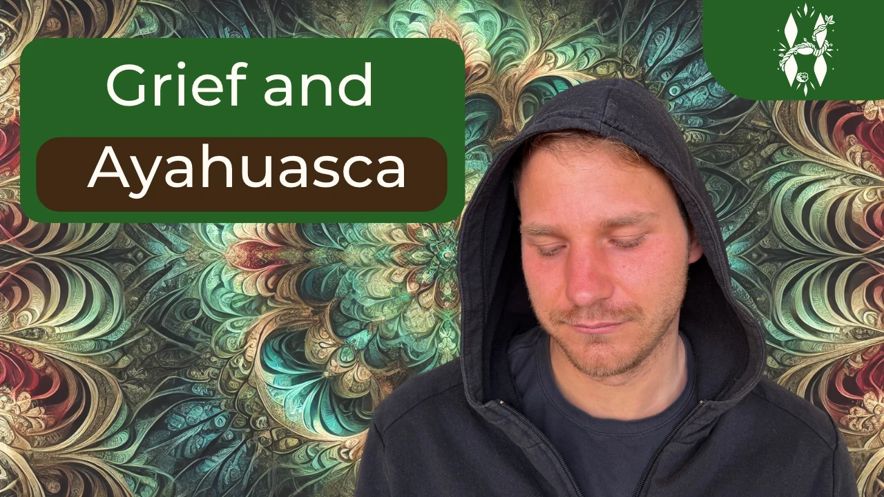 Grief and Ayahuasca: a man with his eyes closed in front of a green and red ayahuasca-inspired pattern Grief and Ayahuasca: a man with his eyes closed in front of a green and red ayahuasca-inspired pattern