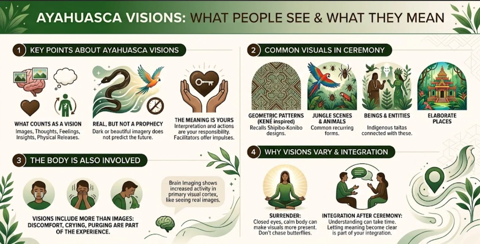 Ayahuasca visions: what people see and what they mean Ayahuasca visions infographic: what counts as a vision, why visions are not prophecies, common visuals in ceremony such as geometric kené-like patterns, animals, beings and elaborate places, how the body is involved, and integration after ceremony