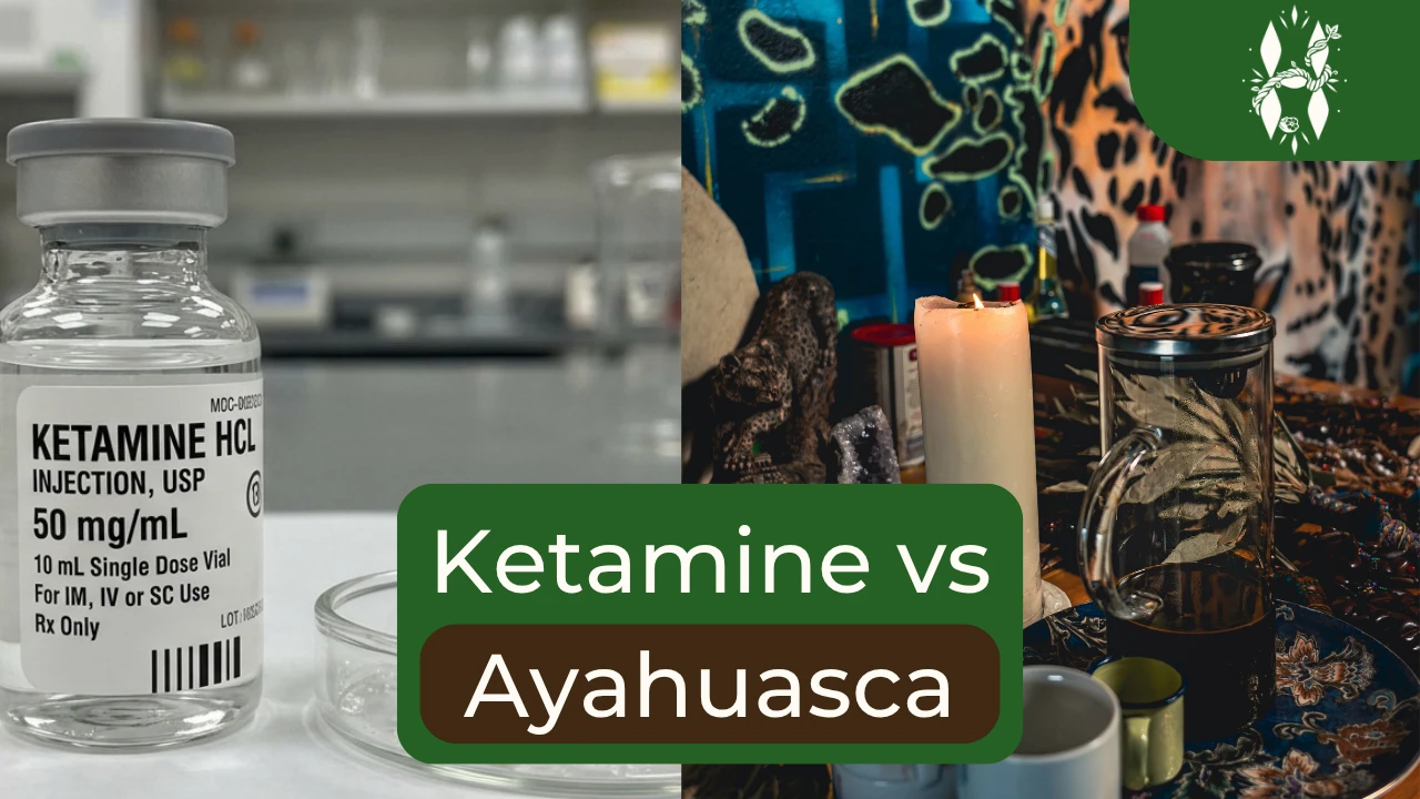 Ayahuasca vs ketamine: a ketamine HCl vial in a lab beside an ayahuasca ceremony altar with a candle and the brew, Harmonica Retreat