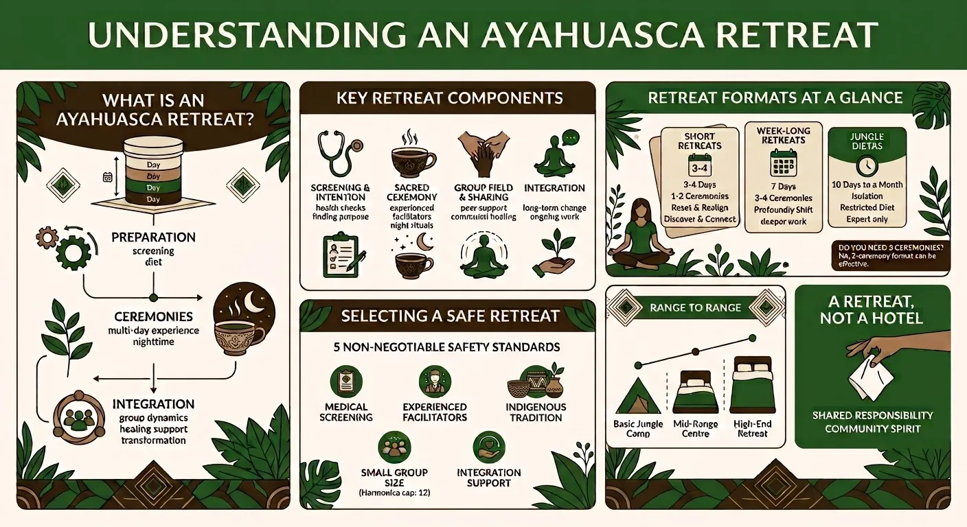 Ayahuasca retreat infographic: what a retreat is (preparation, ceremonies, integration), key retreat components, short and week-long retreat formats and jungle dietas, safety standards for choosing a retreat, the range from basic jungle camp to high-end retreat, and a retreat as shared responsibility rather than a hotel