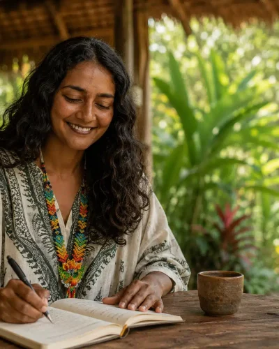 woman happy writing notice in jungle